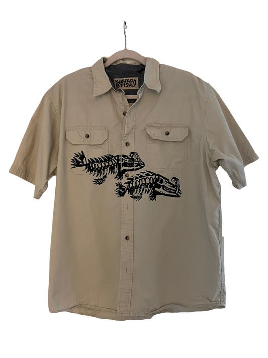 men's LARGE khaki multi-print short sleeve button down